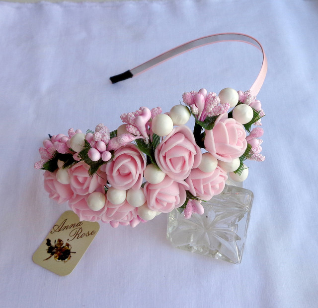 Обруч для волосся з квітами ручної роботи "Рожеві Трояндочки"-купити-в інтернет-магазині AnnaRose