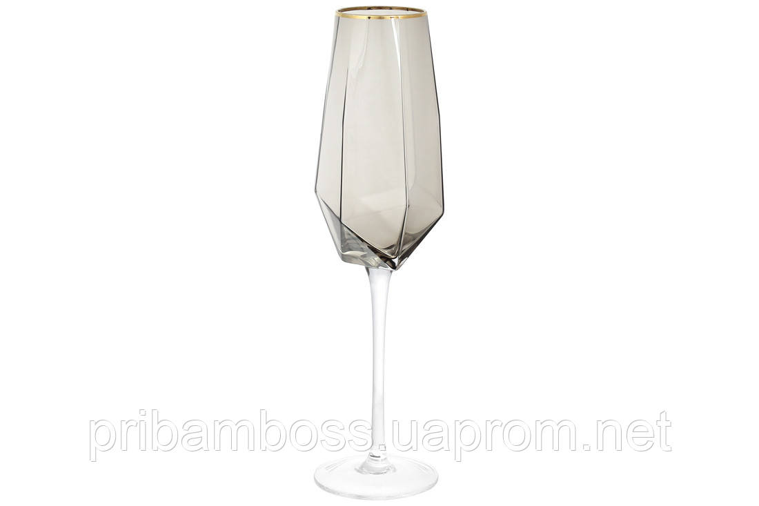 Келих для шампанського із золотим кантом Clio, 370мл, колір - димчастий сірий
