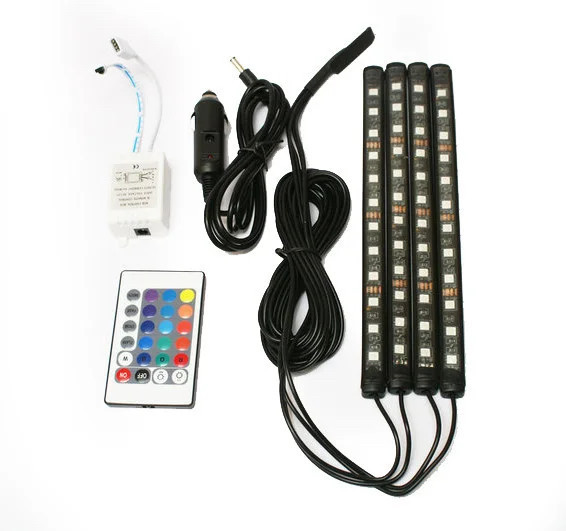 

Автомобильная водонепроницаемая светодиодная RGB LED подсветка в салон на 4 ленты от прикуривателя с пультом