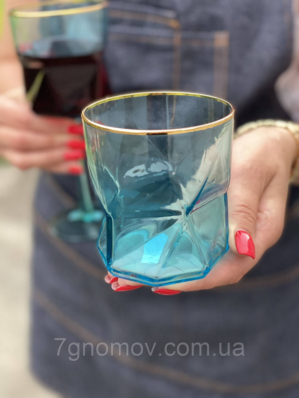 Набор 6 стаканов для напитков из голубого цветного стекла Геометрия 400 мл