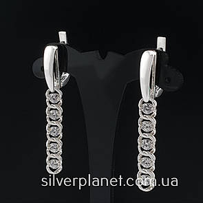 Нарядные серебряные серьги подвески арабка с камушками. Висячие сережки цепочки с фианитом / цирконом серебро