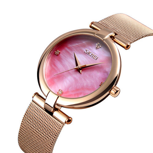 Жіночі наручні годинники кварцові з металевим браслетом гарантія 12 місяців Skmei 9177 Cuprum-Pink