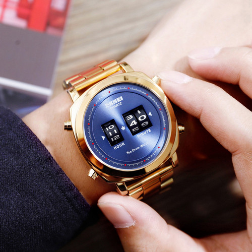 Мужские наручные часы кварцевые круглые с металлическим браслетом гарантия 12 месяцев Skmei Gold-Blue