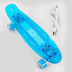 Пенниборд дека со светом, прозрачный скейт, Голубой, колеса со светом, зарядка USB, Best Board S-20855
