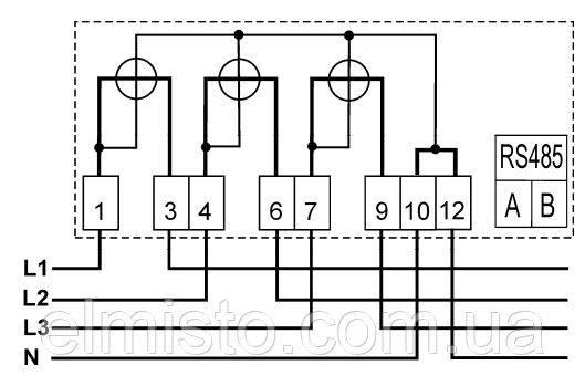 Схема підключення четырехпроводного лічильника прямого підключення G3M.144.230.F17.В2.P2.C100.A3 і пристрої зв'язку RS485