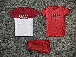 Шорти і дві футболки Audi червоного кольору (літній чоловічий спортивний костюм Ауді 3 в 1)
