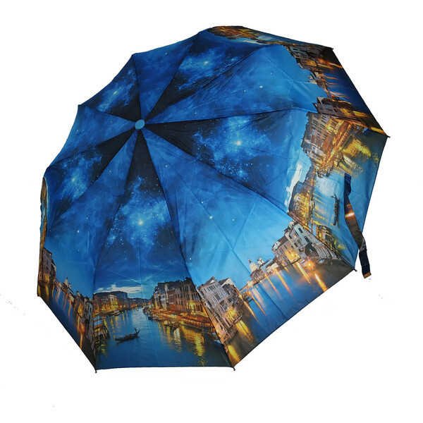 Зонт женский с городским пейзажем полуавтомат складной антиветер 10 спиц Синий SL (5367)