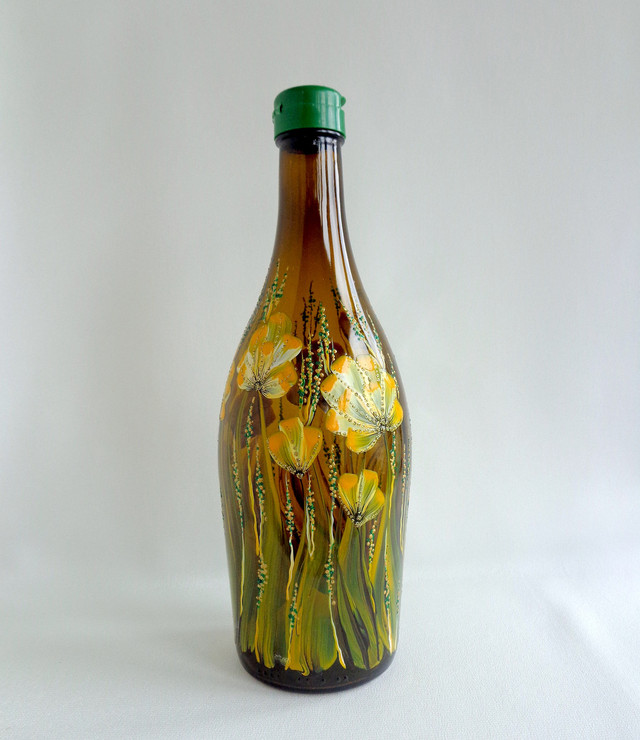 Декоративна коричнева інтер'єрна пляшка з авторським розписом "Золоті трави"-купити-в інтернет-магазині AnnaRose