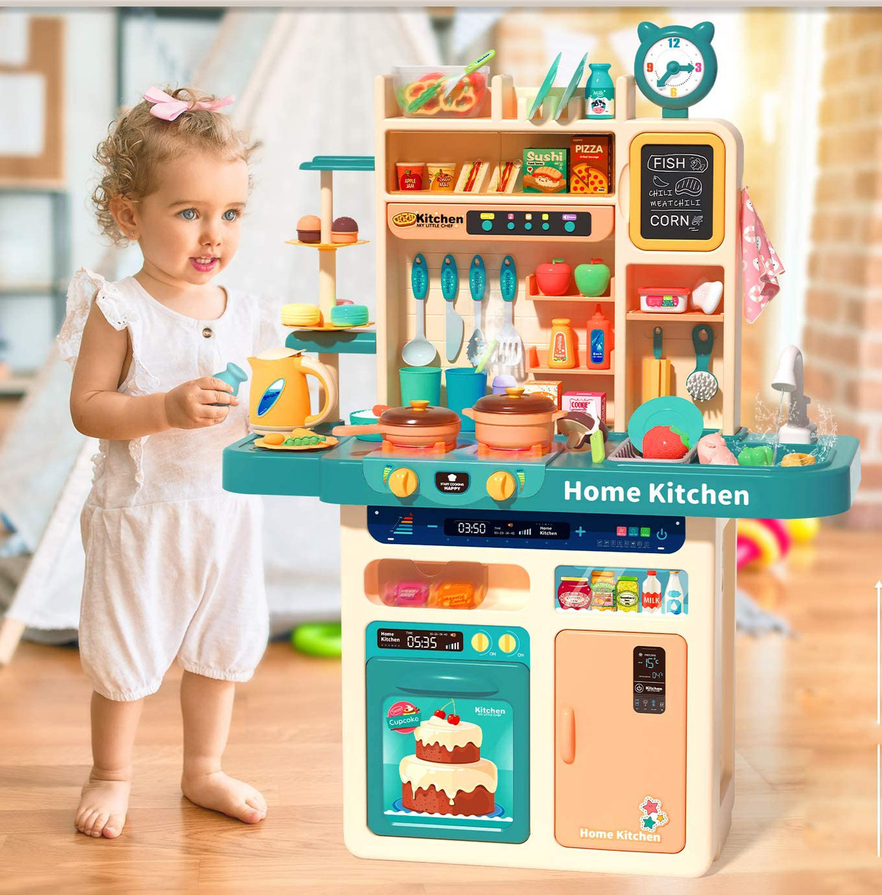 

Детская игровая интерактивная кухня Home Kitchen 93 см.,88 аксессуаров, синяя