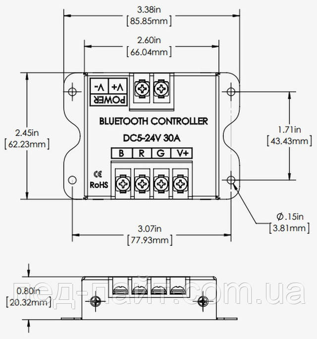RGB Bluetooth LED контролер 30А габарити