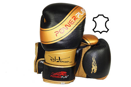 Боксерські рукавиці PowerPlay 3023 Чорно-Золоті [натуральна шкіра] 14 унцій, фото 2