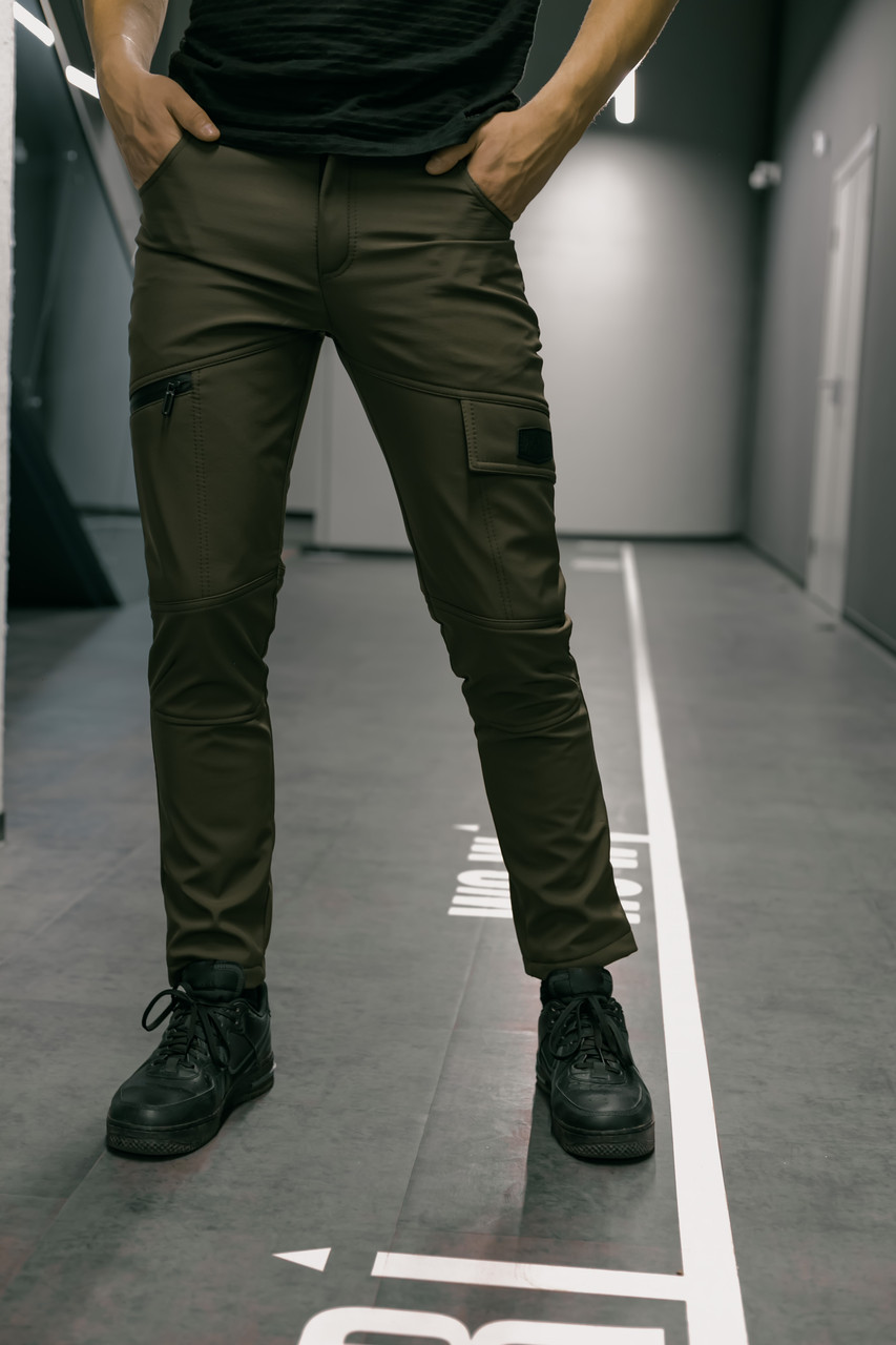 Мужские зимние утепленные штаны Карго Softshell Софтшелл зауженные брюки на флисе с карманами M, Хаки