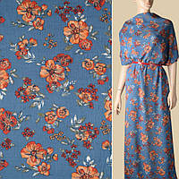 Вискоза жатая сине-серая, оранжевые цветы, ш.140 (10958.001), фото 1