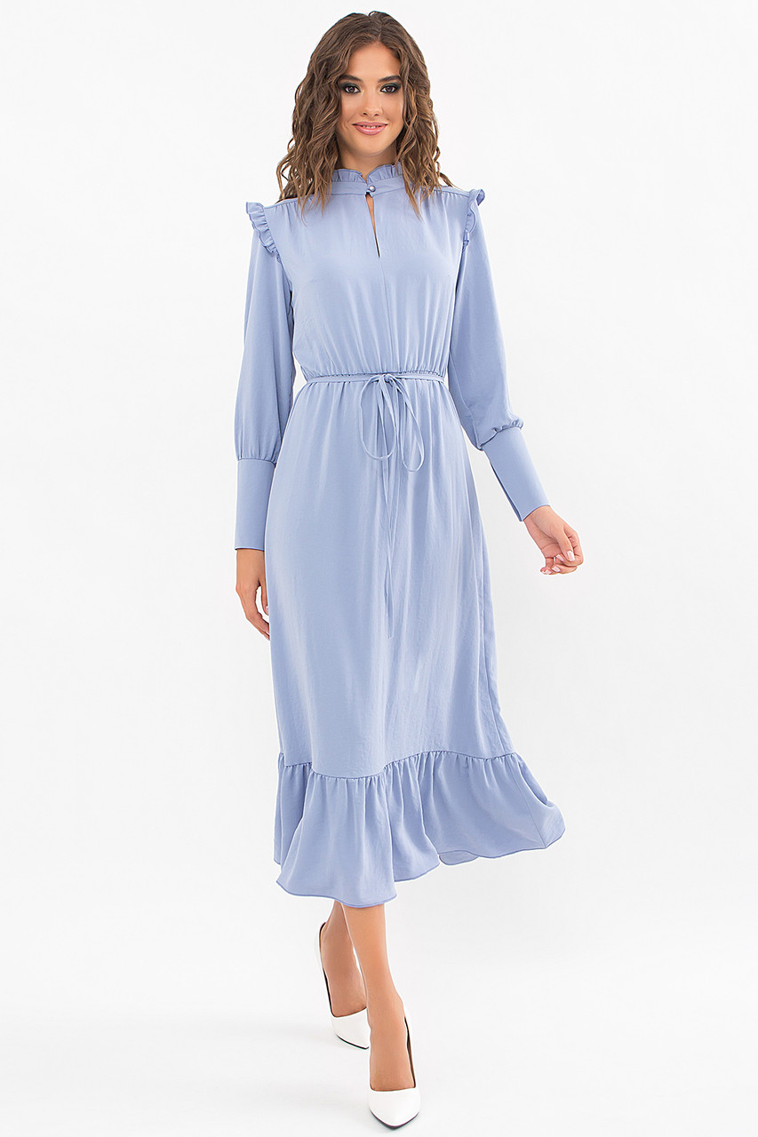 Голубое шелковое платье с длинным рукавом