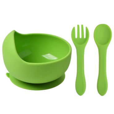 

Силиконовая тарелка на присоске с приборами ярко зелёная, Зелёный