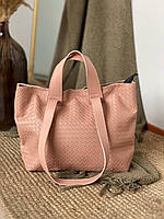 🔴 Плетенная женская сумка цвет пудра, шоппер трансформер 43/30/16 см, мягкая PU-кожа внутри подкладка, фото 1