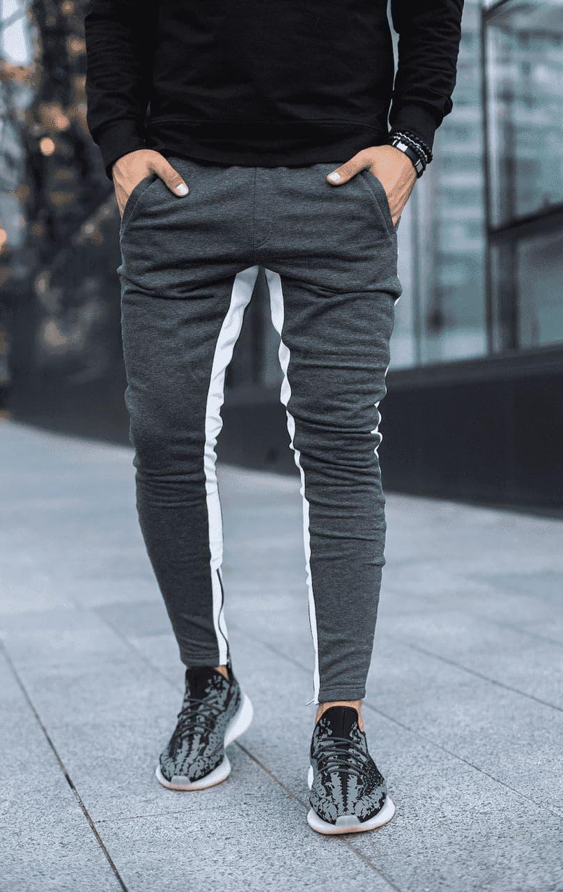 Мужские спортивные брюки крутезные серые с белыми лампасами молодежные штаны sb-08, Серый