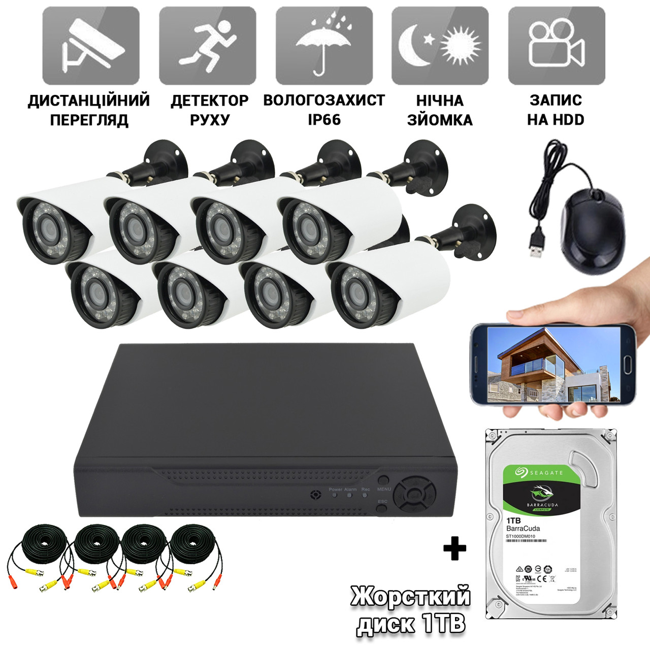Комплект відеоспостереження Easy Cam 8 вуличних камер 2Мп і відеореєстратор AHD KIT+Жорсткий диск 1Тб