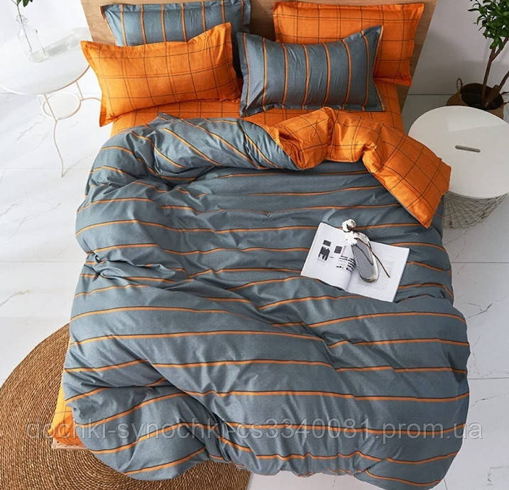 

Комплект постельного белья Полоска Бязь GOLD 100% хлопок Серо - оранжевого цвета евро, Серый