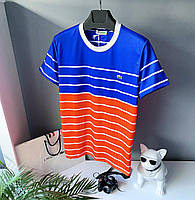 Двухцветная молодежная коттоновая футболка Lacoste синяя с оранжевым (реплика), фото 1