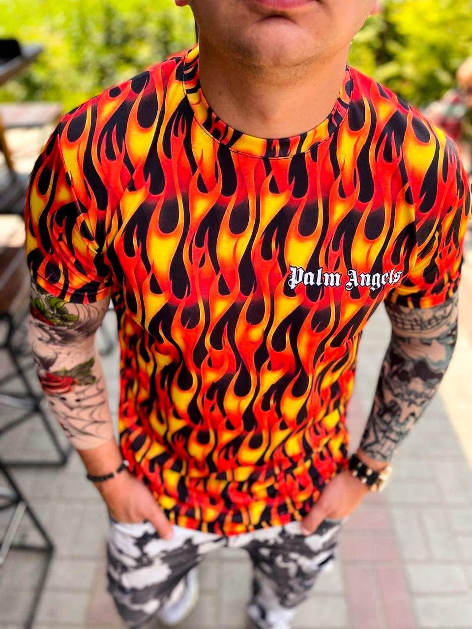Стильна чоловіча літня футболка Palm Angels "Вогонь" помаранчева - M, L, XL