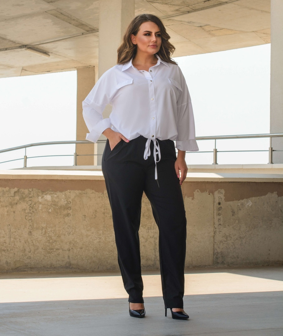 Жіночий брючний костюм двійка блузка штани чорний білий розмір: 50-52, 54-56, 58-60, 62-64