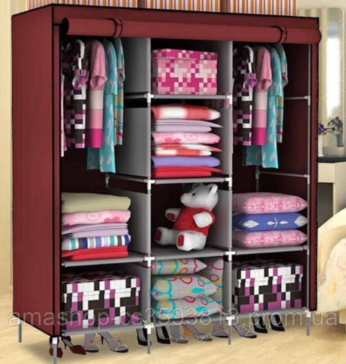 

Мобильный тканевый раскладной шкаф для одежды 3 секции HCX Storage Wardrobe AM-88130 Бордовый