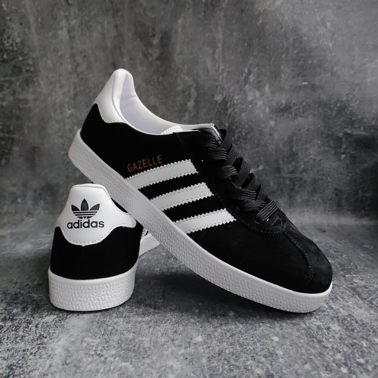

Мужские кроссовки кеды Adidas Gazelle черные на белой подошве, Черный