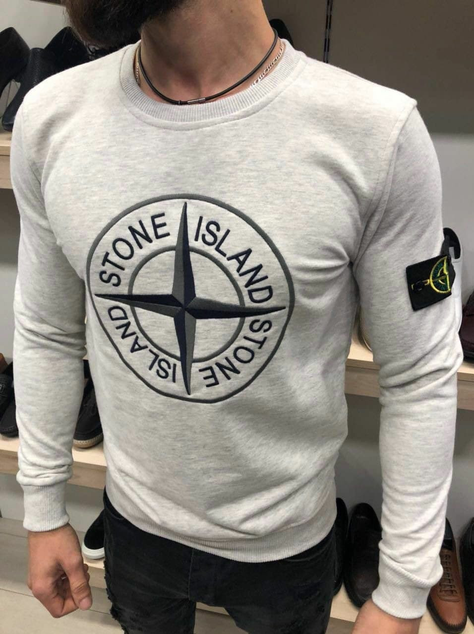 

Демисезонный мужской свитер светло серый Stone Island, Турецкий мужской джемпер осень зима весна L