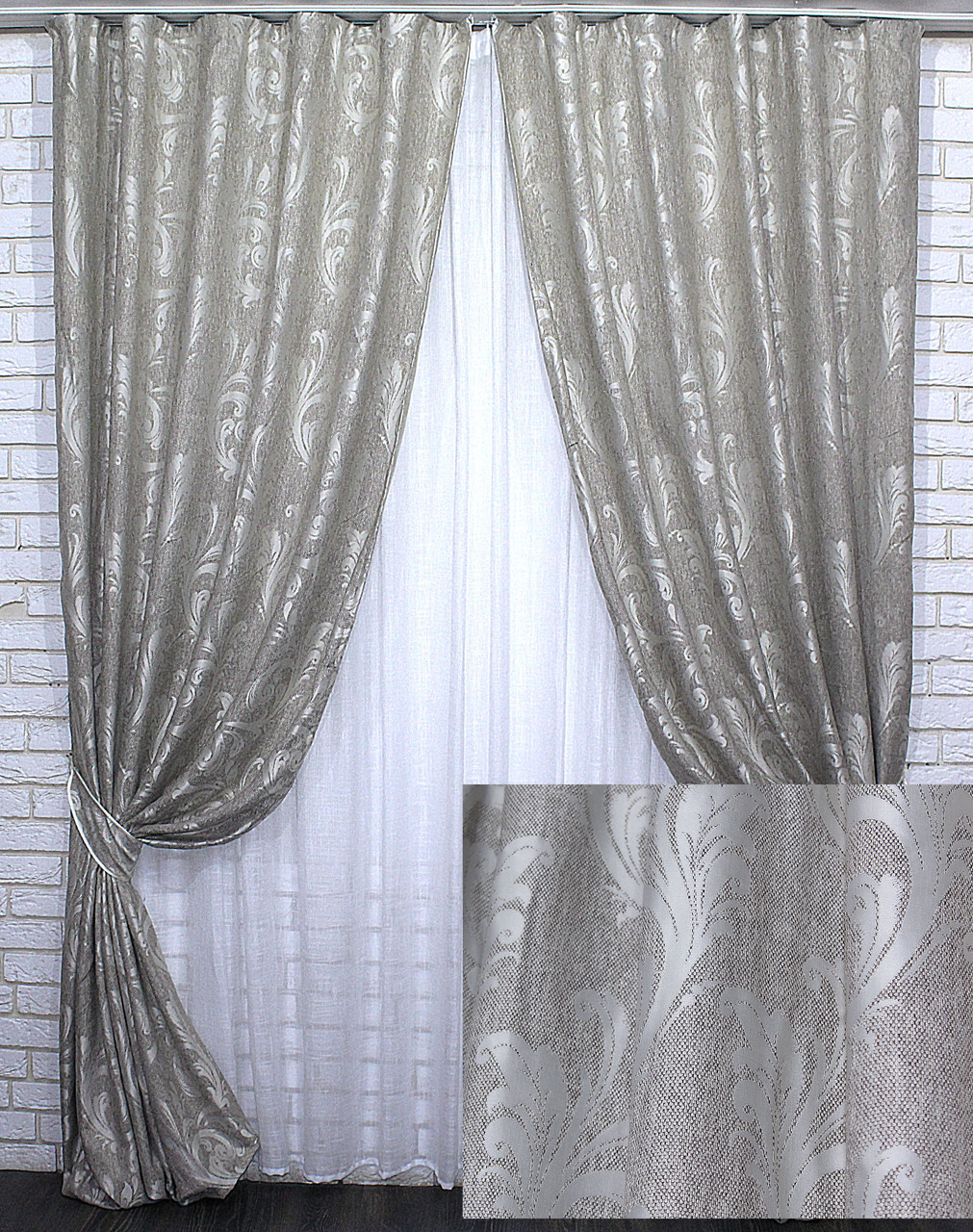 Комплект (2шт. 1,5х2,75м) штор із тканини льон рогожка, колекція "Лілія". Колір сірий з бежевим. Код 735ш 30-519