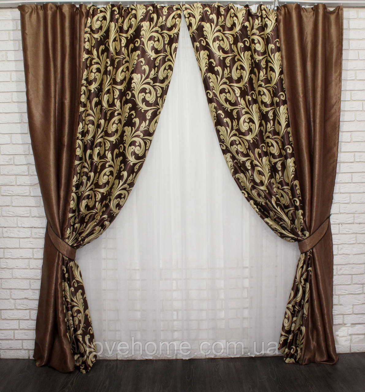 Плотные комбинированные шторы из ткани блэкаут софт. Цвет коричневый с бежевым. Шторы для спальни, зала