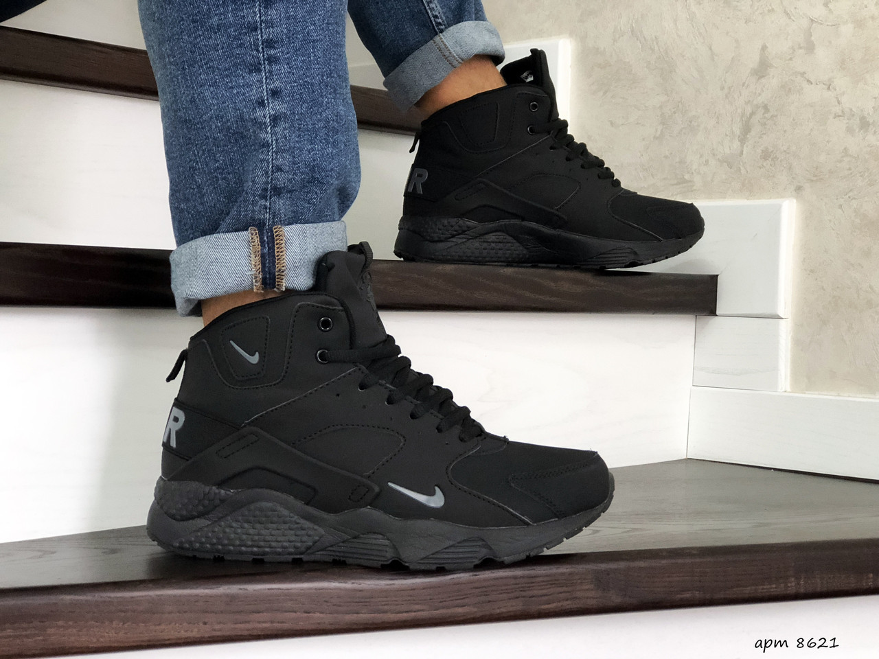 

Мужские зимние кроссовки на меху Nike Найк Air Huarache, кожа, черные 46 (29,8 см), Д - 8621, Черный