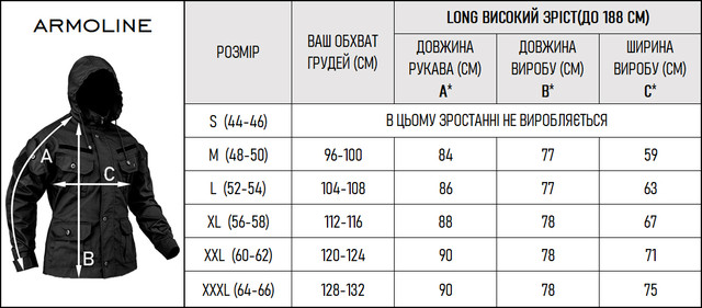 Таблиця розмірів Костюм польовий OLIVE