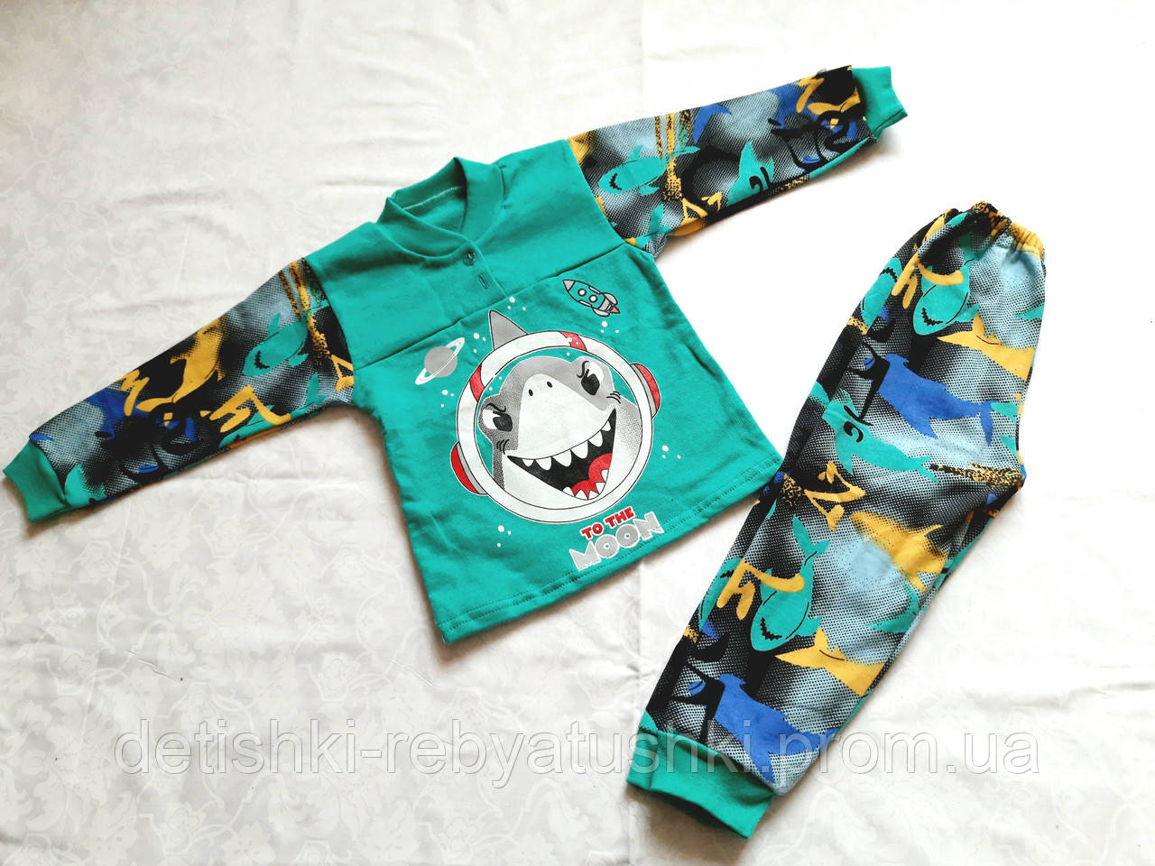 

Пижама детская для мальчика цветная с длинным рукавом и начёсом на баечке акула на рост 122-128, Разные цвета
