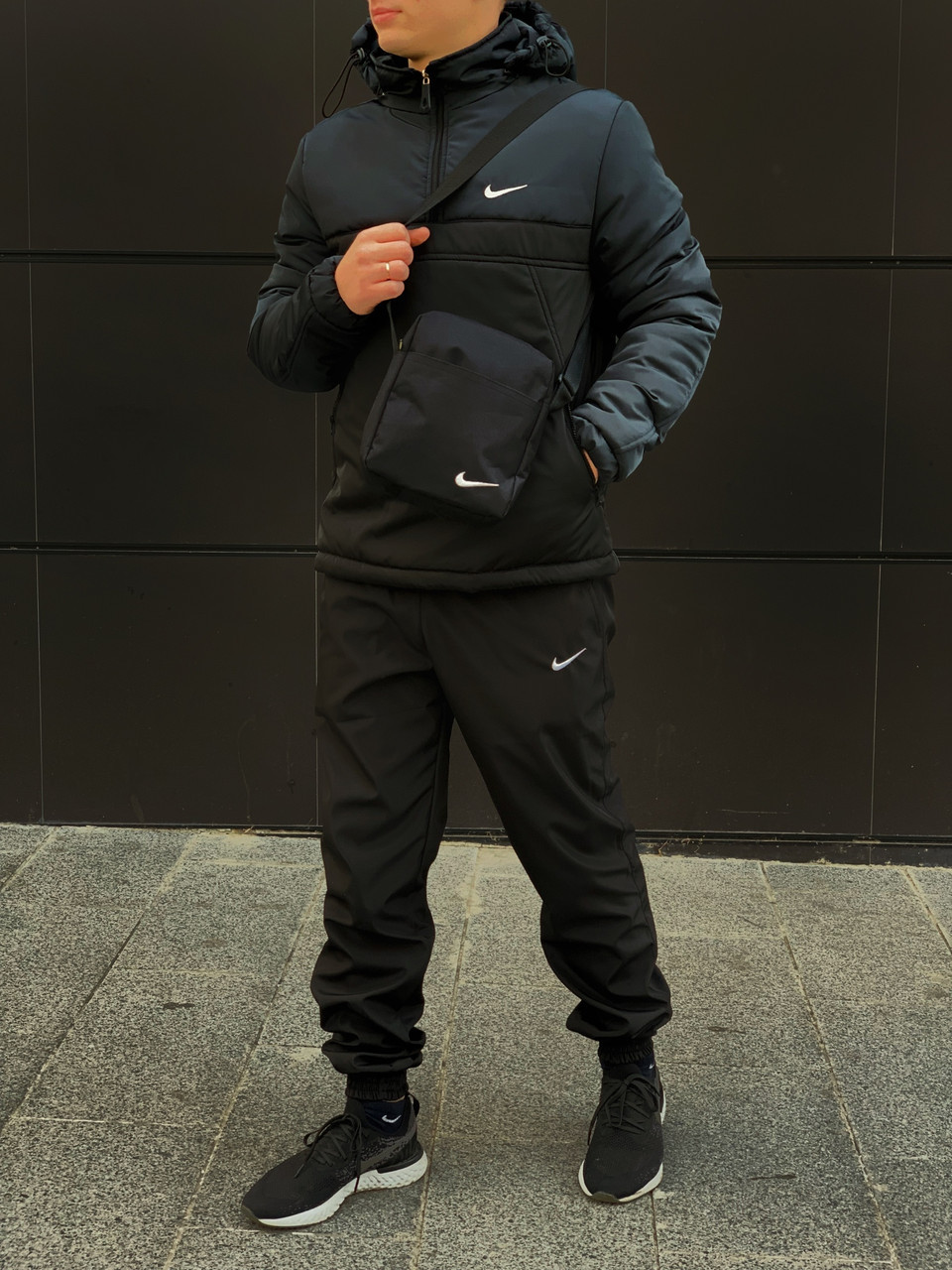 Ветровка Найк черная  болотная (Анорак Nike)+ Штаны черные + подарок Барсетка