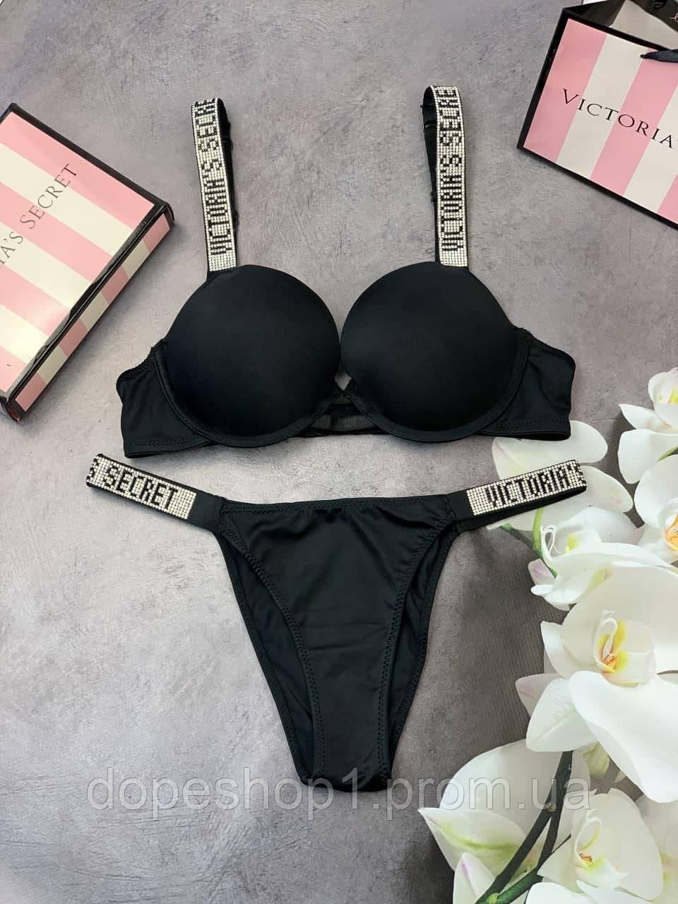 

Комплект женского нижнего белья Victoria’s Secret Виктория Сикрет модель Rhinestone со стразами Черный, 75C, M