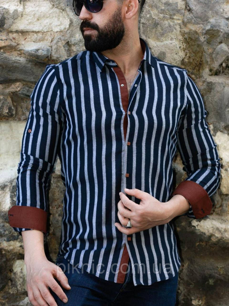 Рубашка мужская турецкая утепленная Сине белая полоска