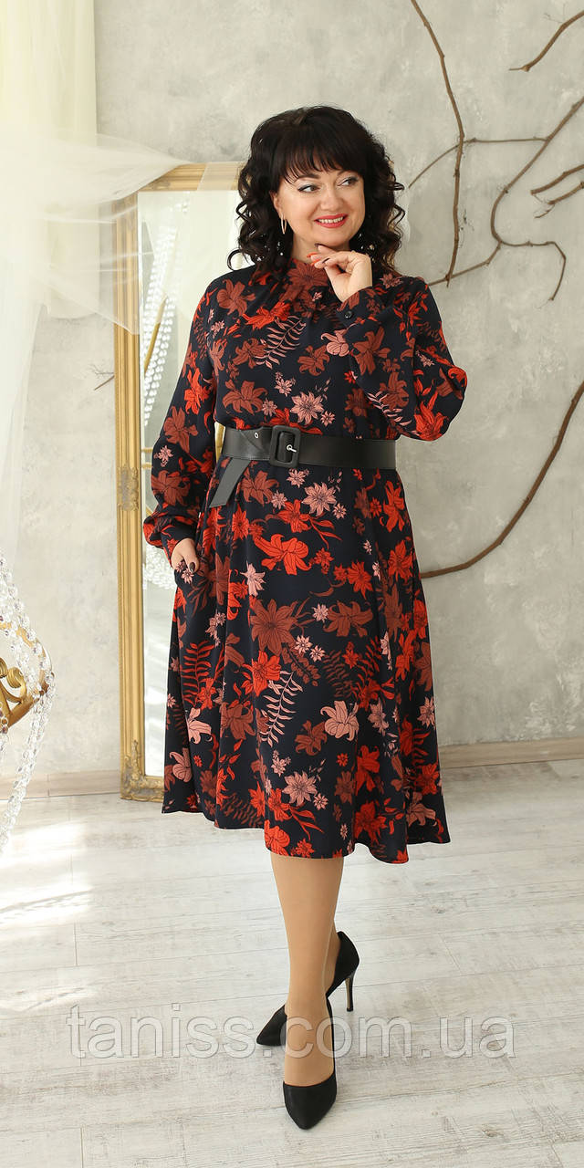 Жіноча .стильне плаття великого розміру , тканина креп-костюмна мадрид, розміри 50,52,54,56, чорне прнит