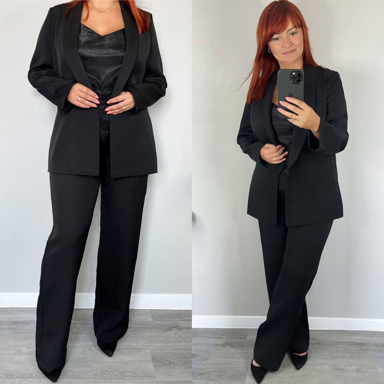Женский модный однотонный брючный костюм -жакет и брюки - большие размеры, Черный