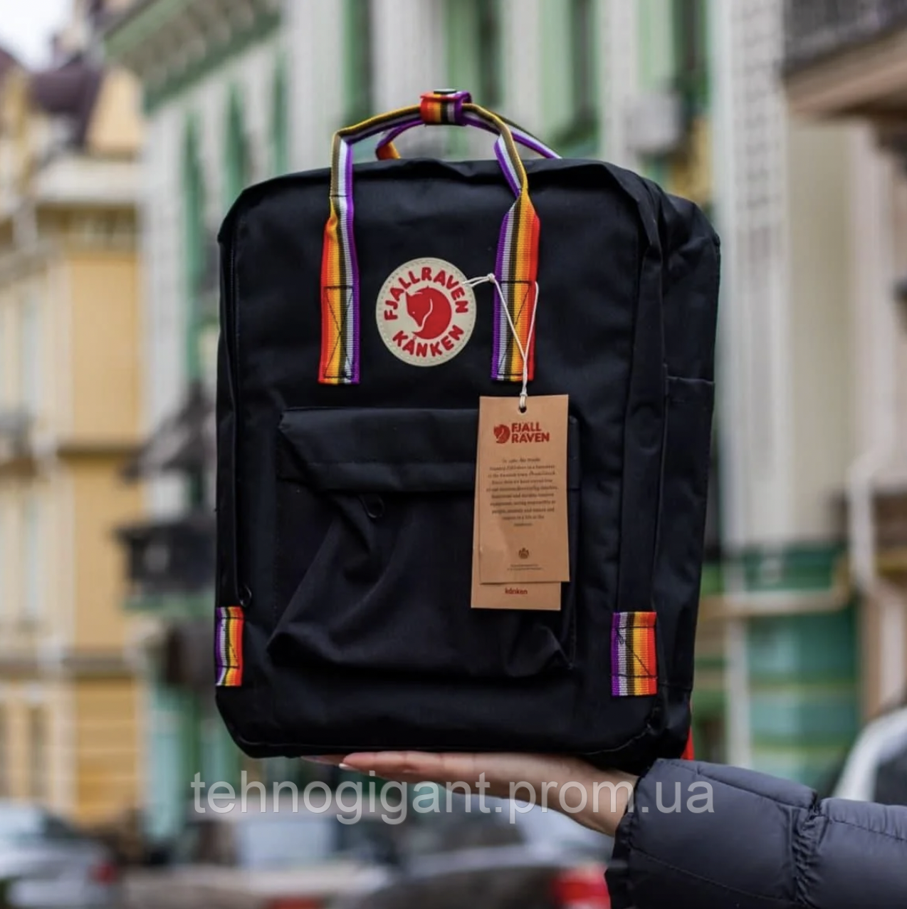 

Рюкзак Kanken Fjallraven Classic 16л Черный канкен с радужными ручками школьный, портфель black