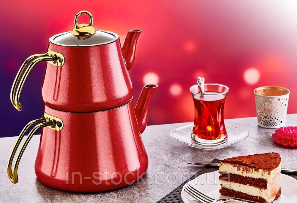 

Чайник турецкий двойной (1,2 / 2,2 л.) OMS 8203-L Red стеклянная крышка, Красный
