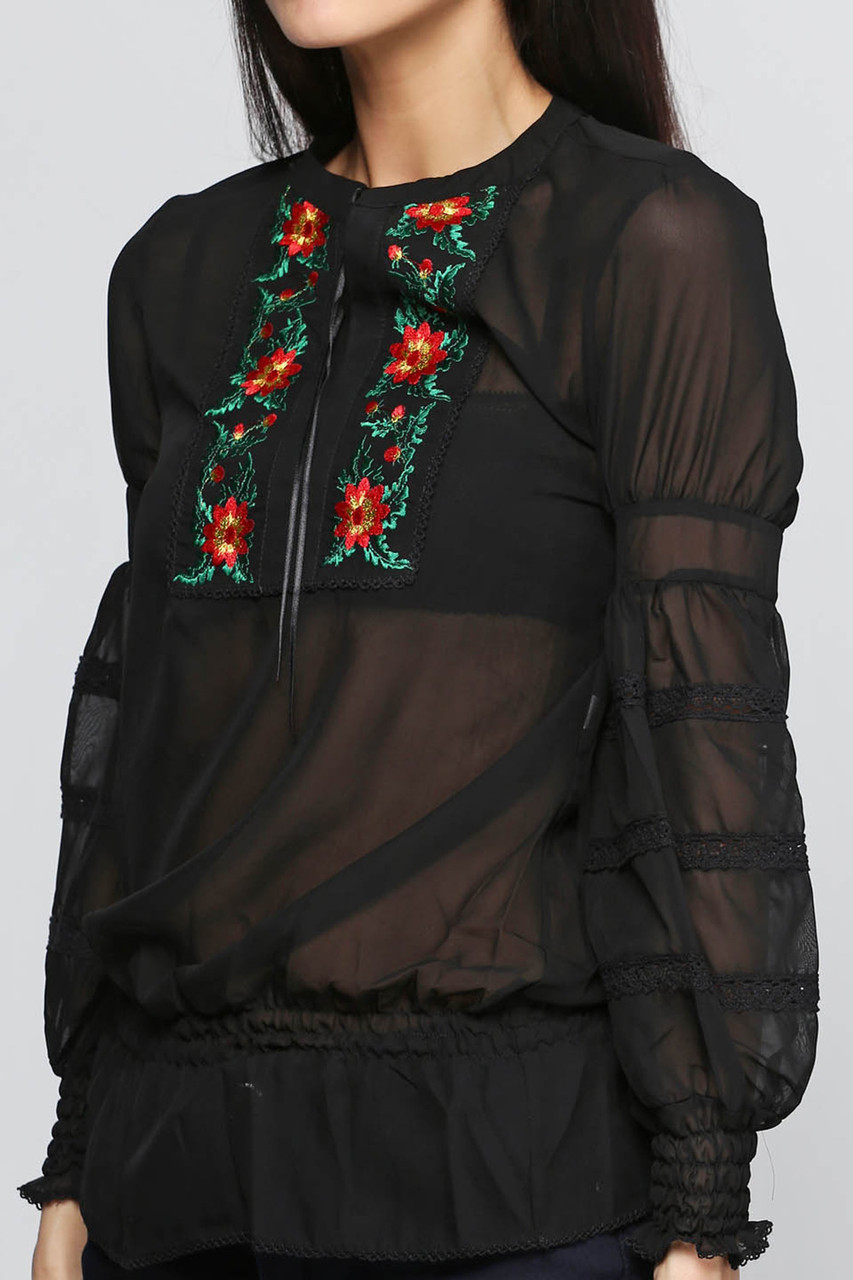 Стильна жіноча блуза вишиванка шифонова чорна