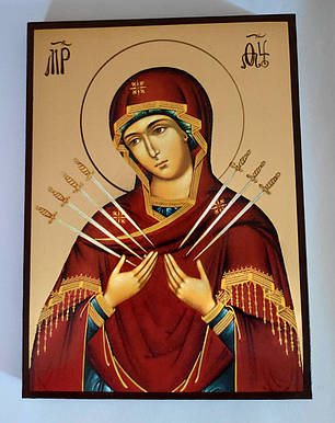Ікона Божої Матері Семистрельная розмір 10 х 19 см з нанесенням позолоти (поталь), фото 2