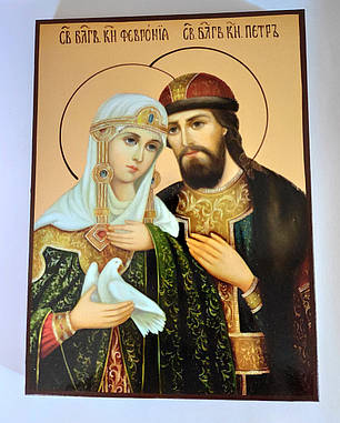Ікона Святі Петро і Февронія 10 х 19 см з нанесенням позолоти (поталь), фото 2