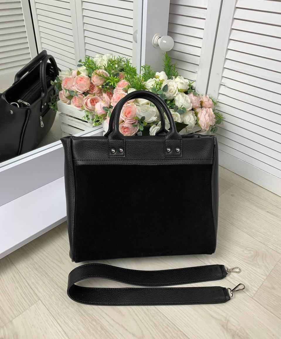 

Вместительная женская сумка формат А4 стильная сумочка черная замша+кожзам, Черный