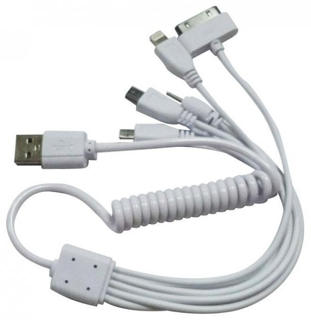 Кабель для зарядки 5в1 U7 USB пружина переходник для соединения с компьютером и зарядки Белый