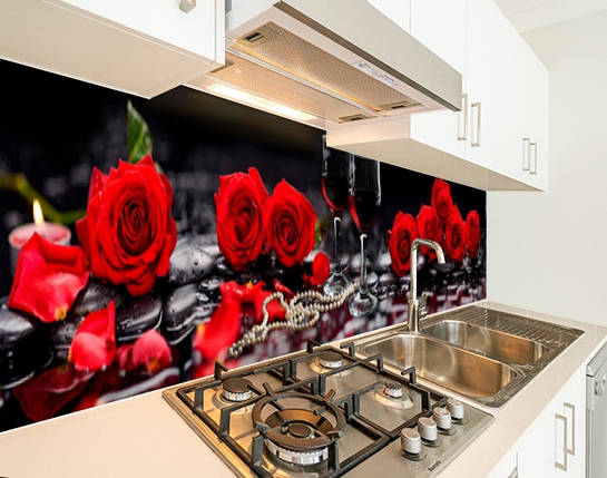 Панель кухонная, заменитель стекла розы красные с бокалами, с двухсторонним скотчем 62 х 205 см, 1,2 мм, фото 2