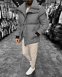 Куртка пуховик чоловіча зимова сіра без капюшона у клітку Hugo BANDANA Розмір XL