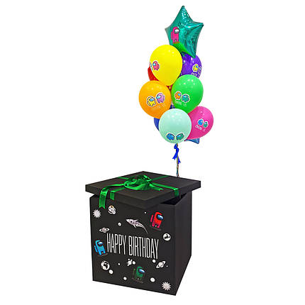 Коробка черная с белой надписью Happy Birthday, космическим декором и 3 наклейками Амонг Ас, внутри связка:, фото 2