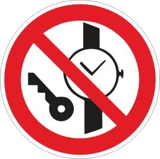 Знак безпеки Заборона металевих виробів та годинників ДСТУ EN ISO 7010: 2019 (метал, пластик, плівка)